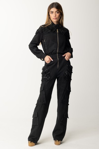 Elisabetta Franchi  Sequin-Embellished Utility Denim Jumpsuit TJ24I37E2 NERO