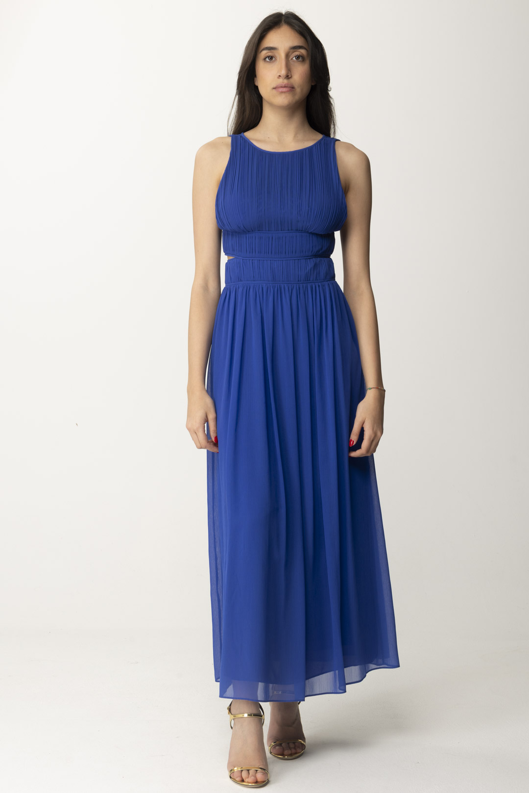 Preview: Patrizia Pepe Long Pleated Dress with Cut-Out Blue Wave