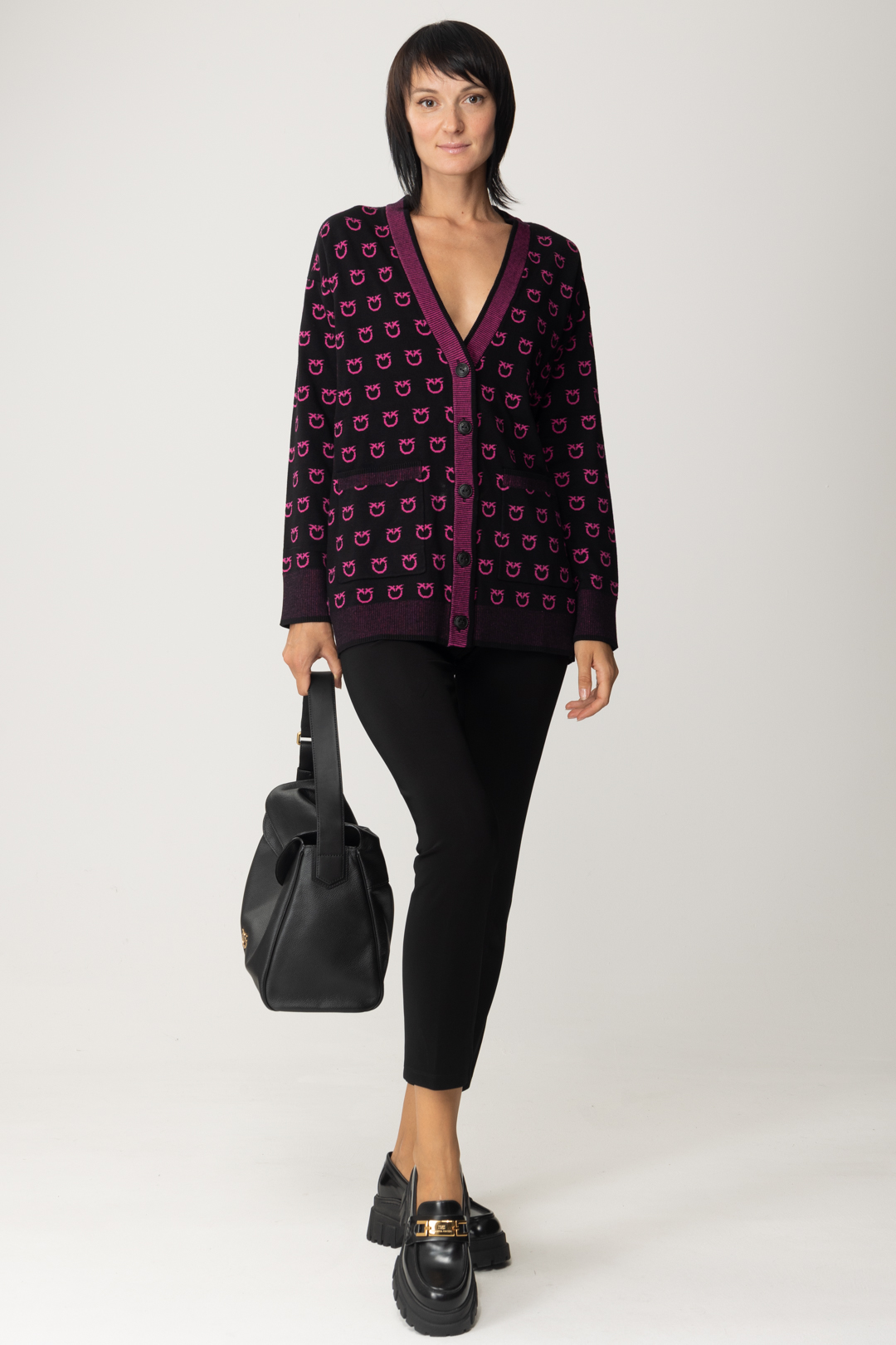 Preview: Pinko Cardigan with logo and contrasting details NERO/FUXIA