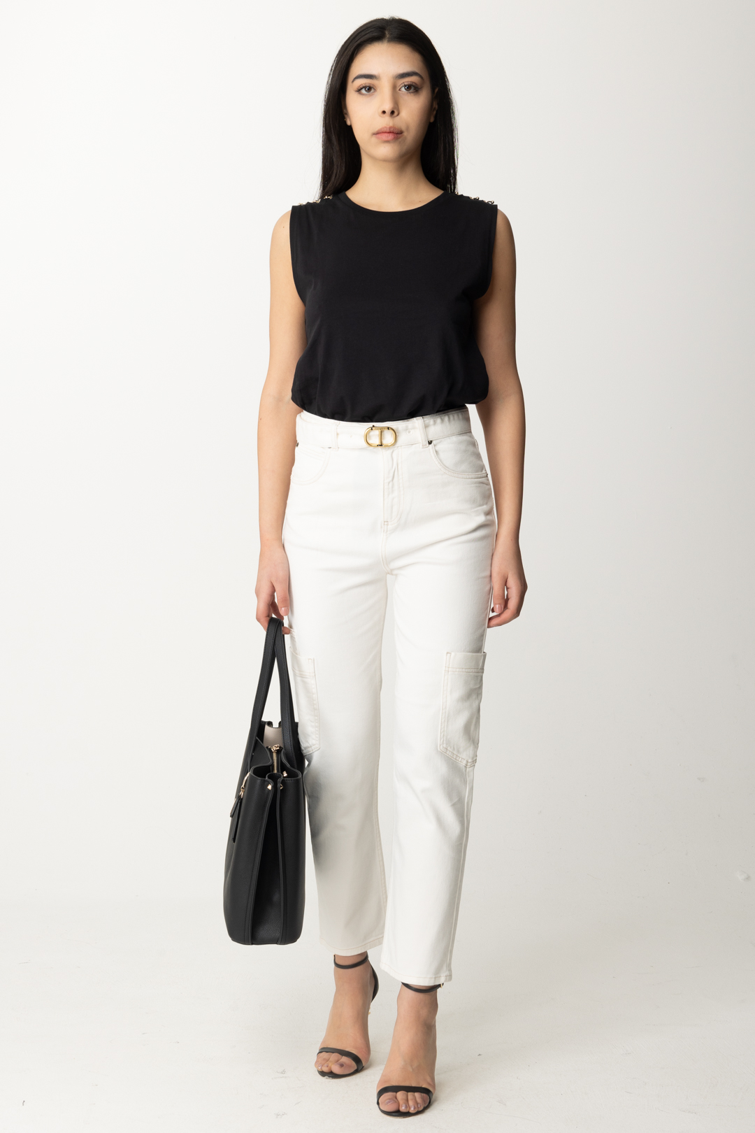 Preview: Twin-Set Utility trousers with logo belt DENIM BIANCO