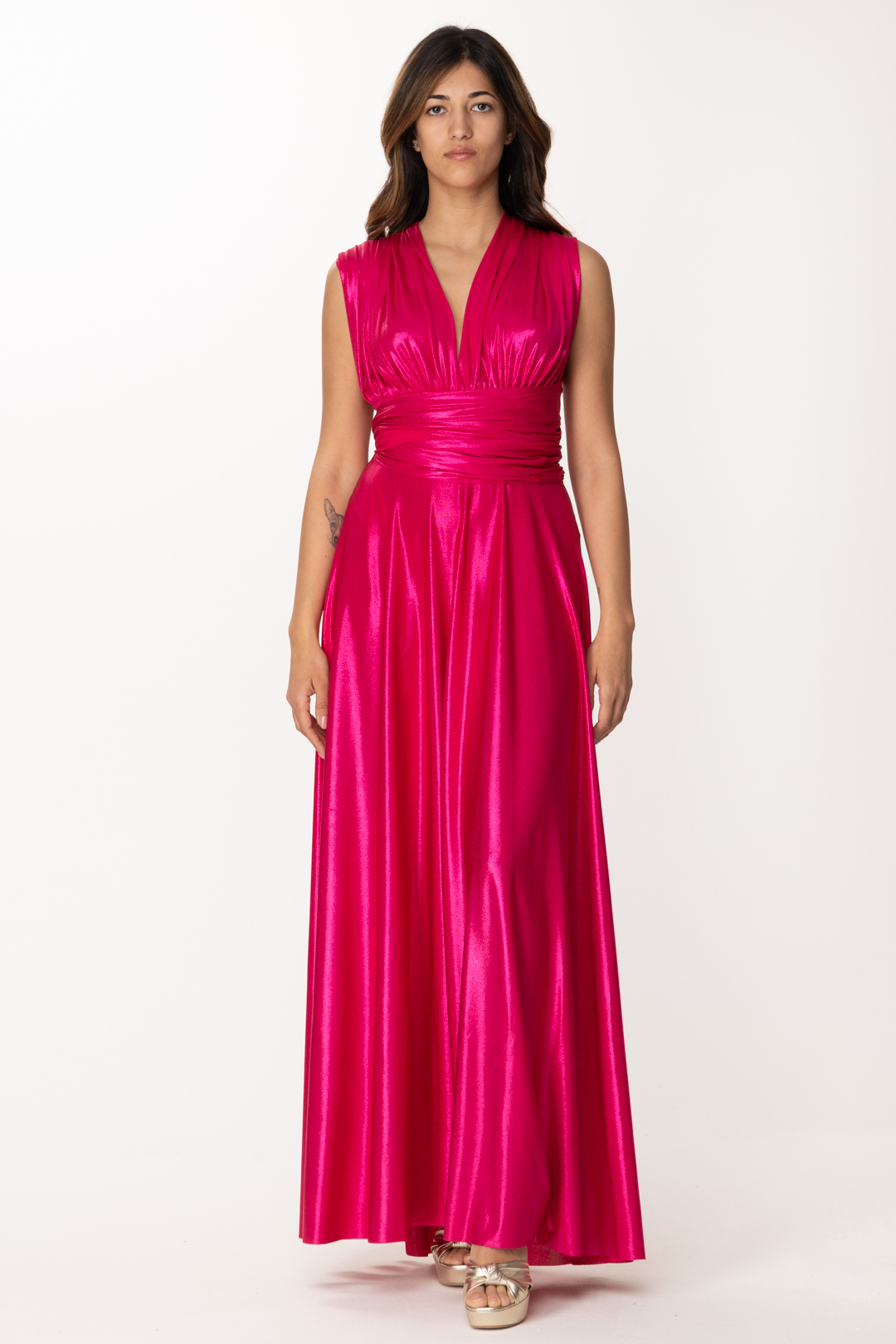 Preview: Dramèe Laminated dress with criss-cross on the back Fucsia