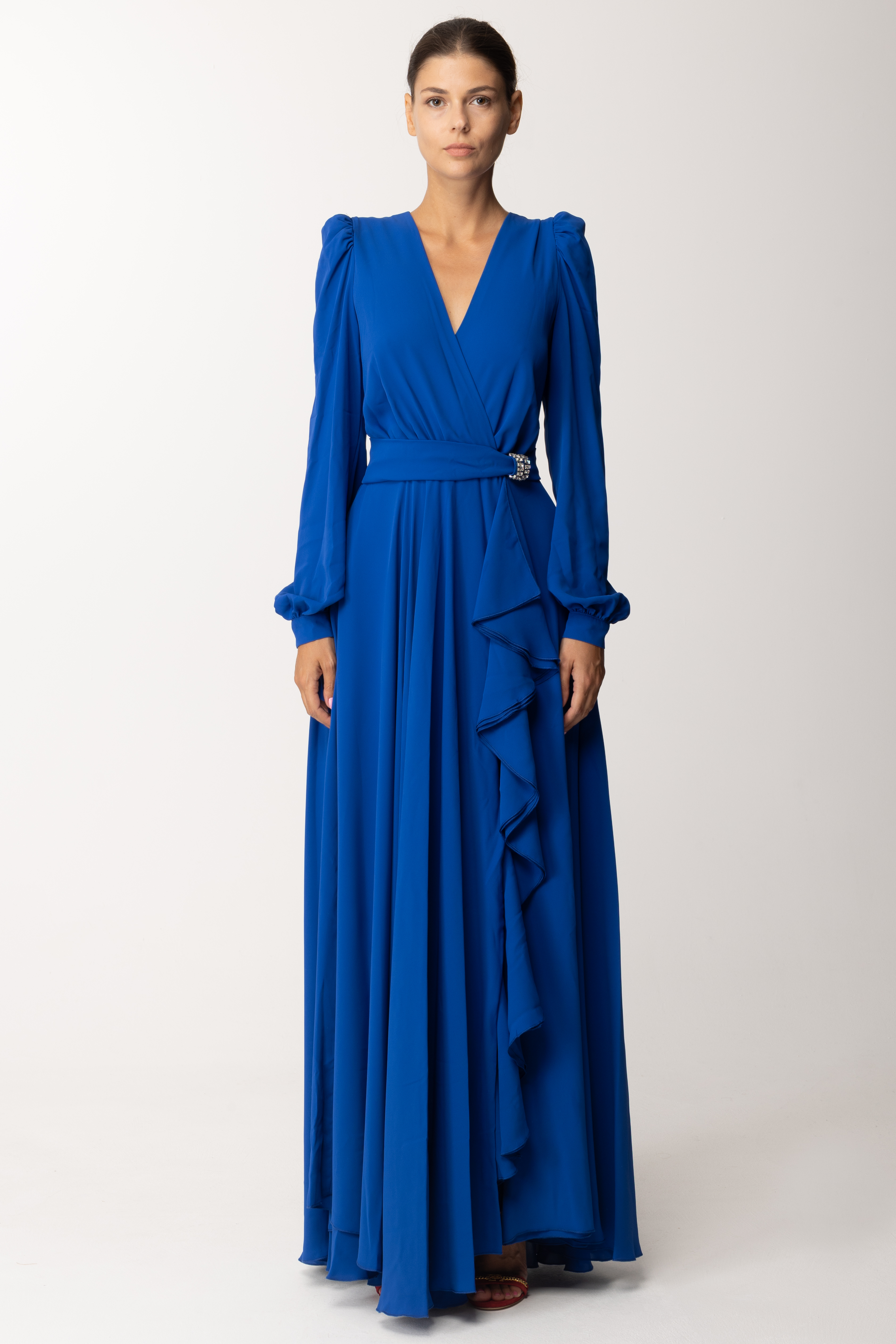 Preview: Dramèe Long Dress with Ruffles and Belt Blu