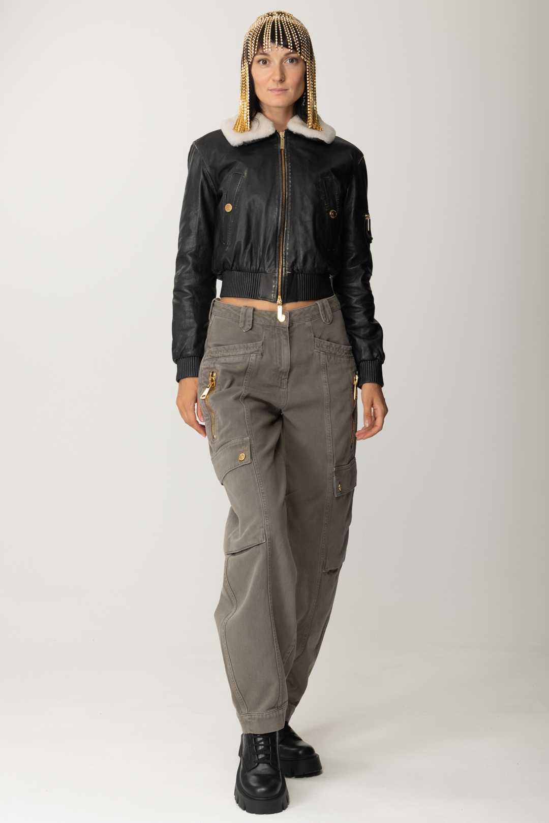 Preview: Elisabetta Franchi Bomber jacket in leather with sheepskin collar Nero