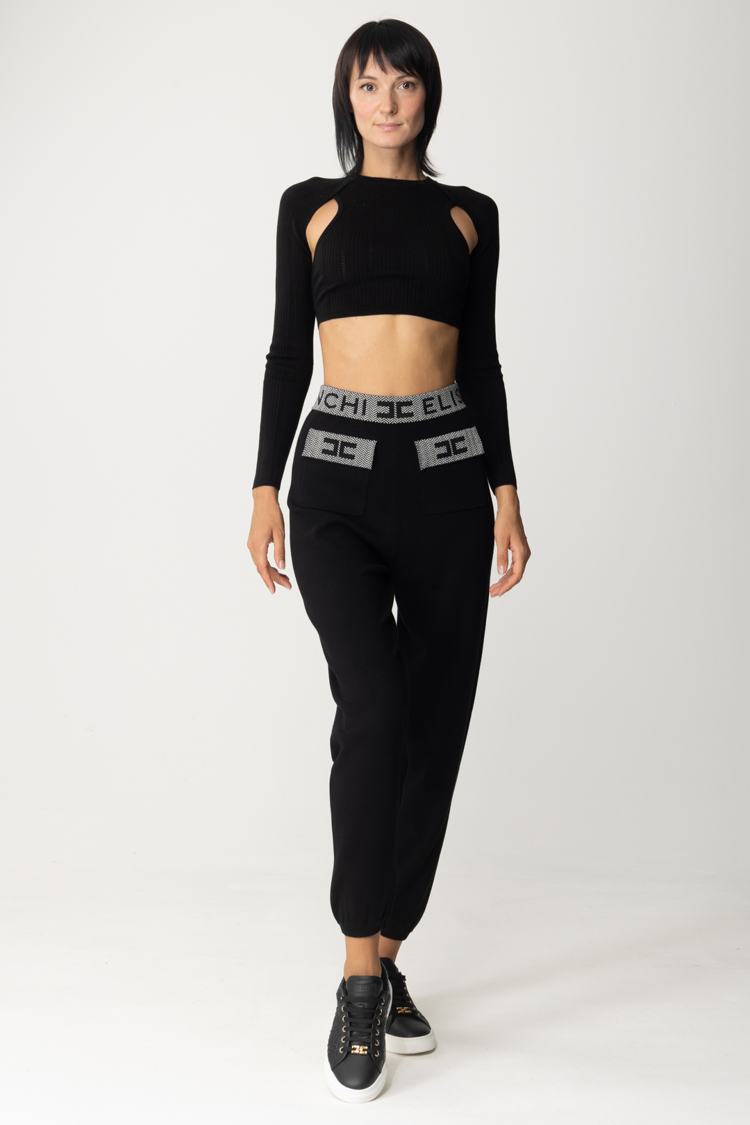 Black Knitted Bow Crop Top & Cut Out Legging Set