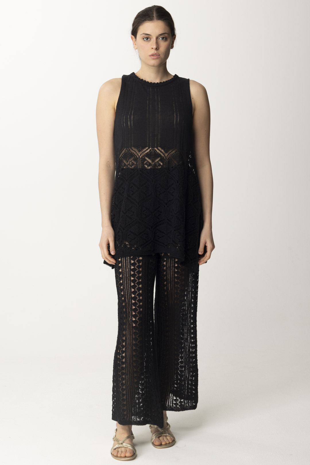 Preview: AKEP Linen Tank Top with embroidery Nero