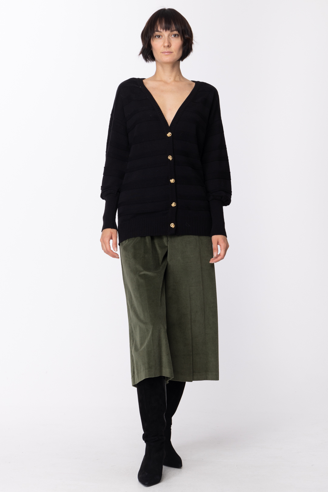 Preview: Simona Corsellini Cardigan with gold buttons and ribbed details Nero