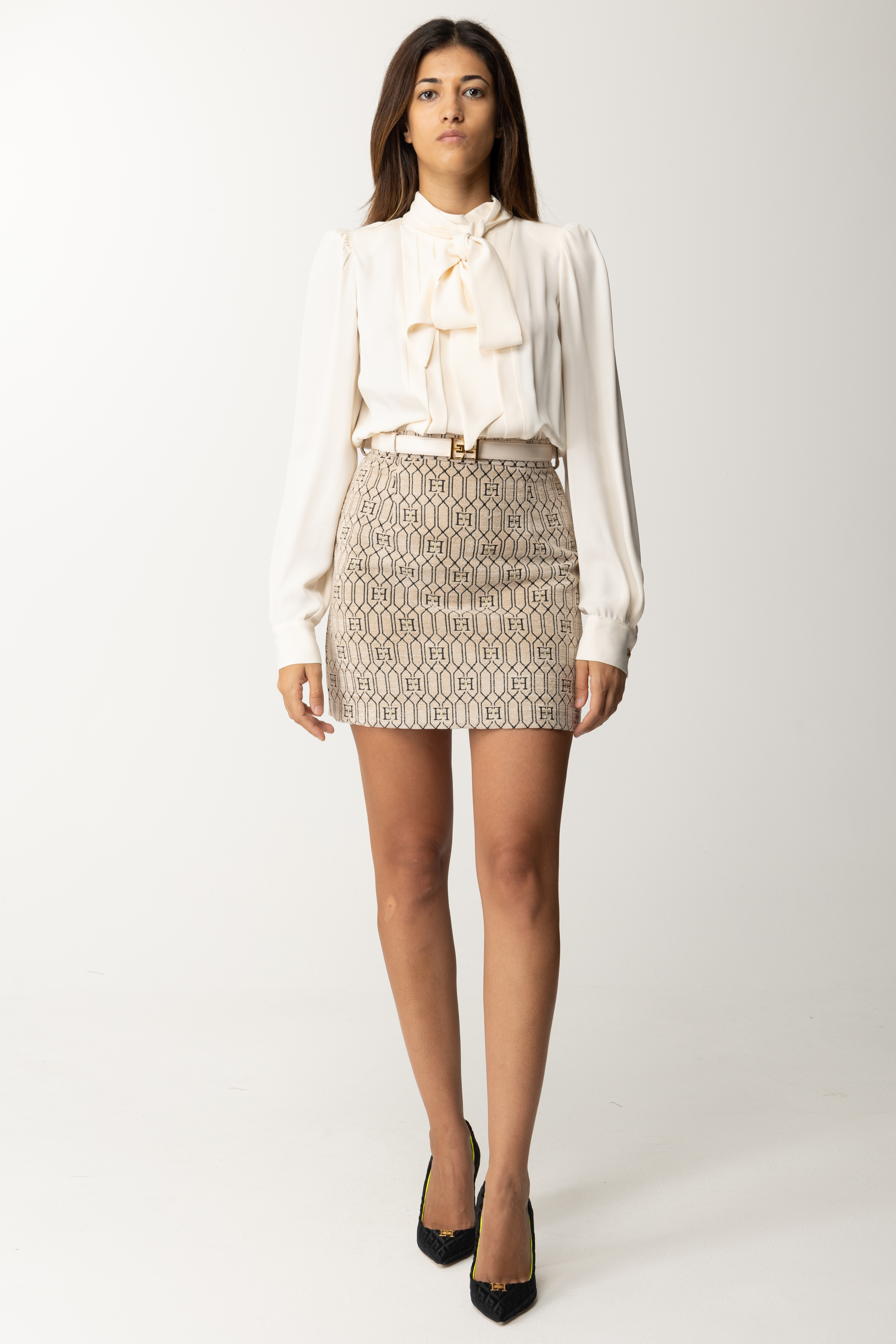 Vista previa: Elisabetta Franchi Vestido mini con cinturón y falda de tweed BURRO/SKIN/NERO