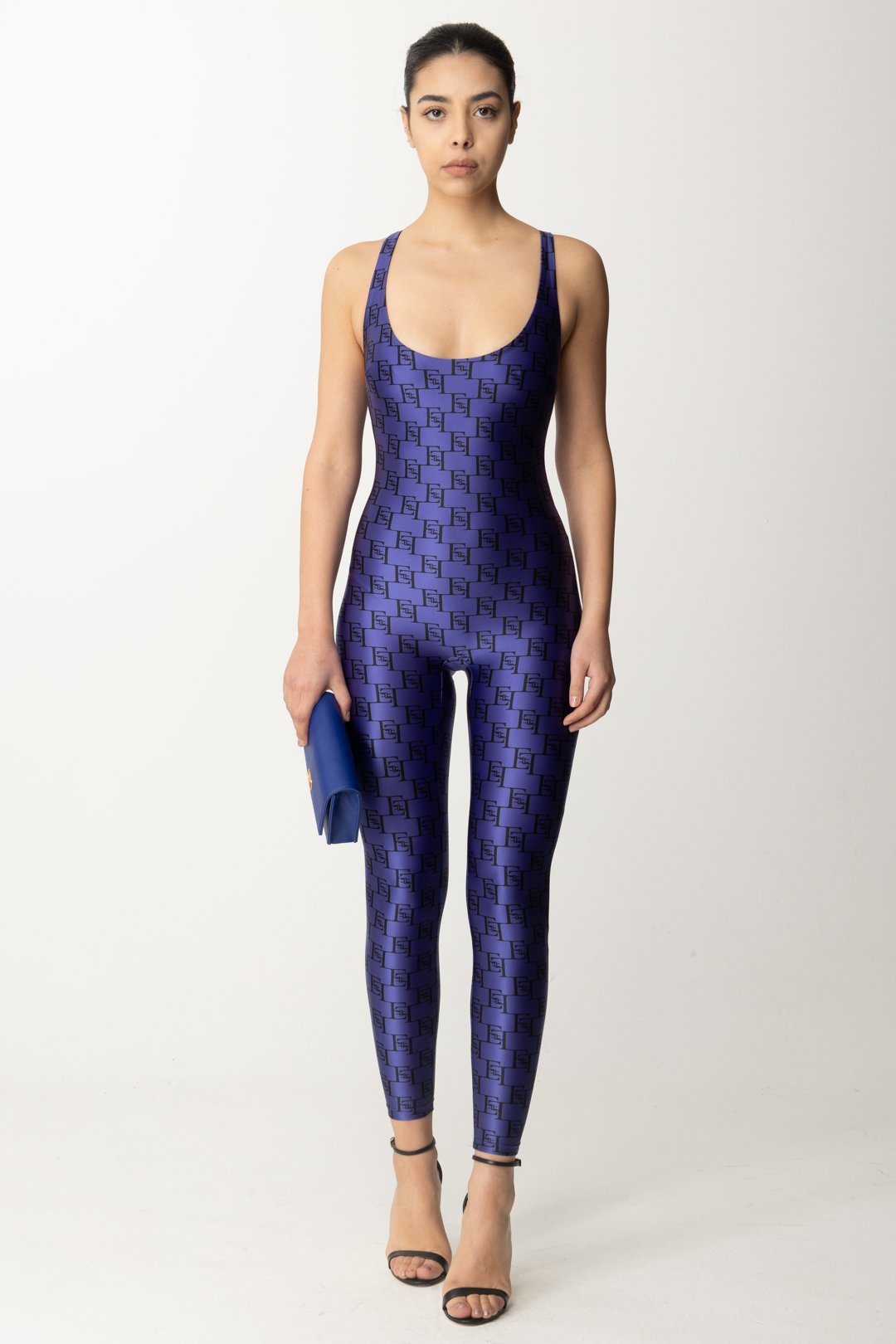 Preview: Elisabetta Franchi Lycra jumpsuit with logo print BLUE INDACO/NERO