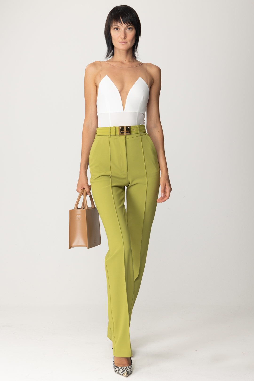 Preview: Elisabetta Franchi Trousers with logoed belt OLIVE OIL