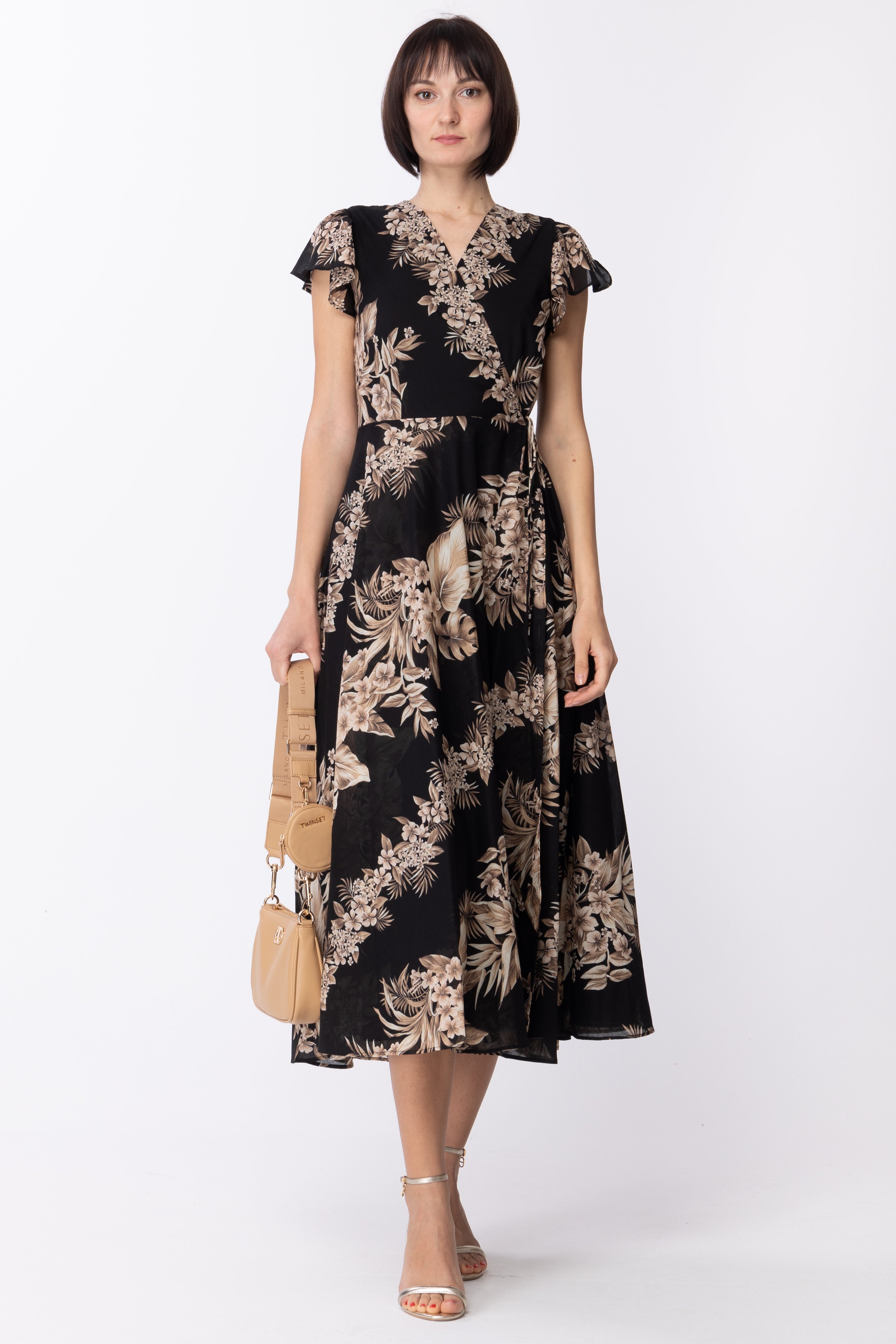 Preview: Twin-Set Dress with hibiscus print ST DISEGNO IBISCO NERO/CANAPA