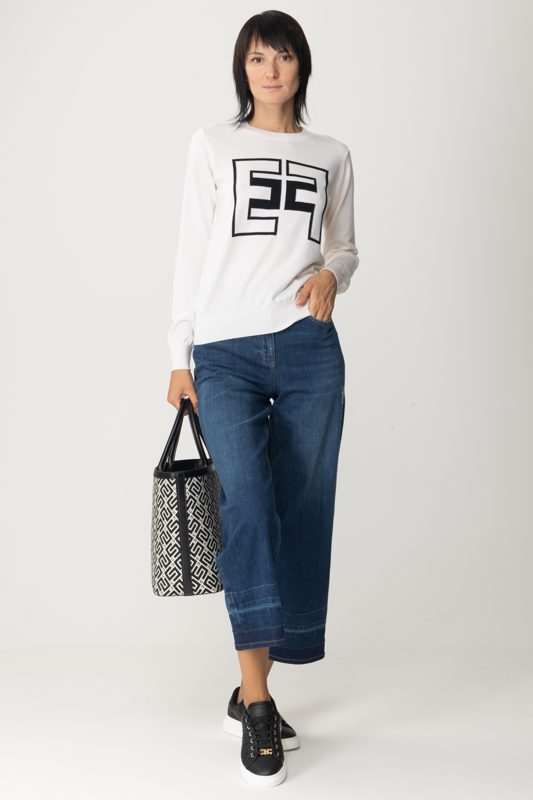 Preview: Elisabetta Franchi Knit pullover with contrasting logo Burro/Nero