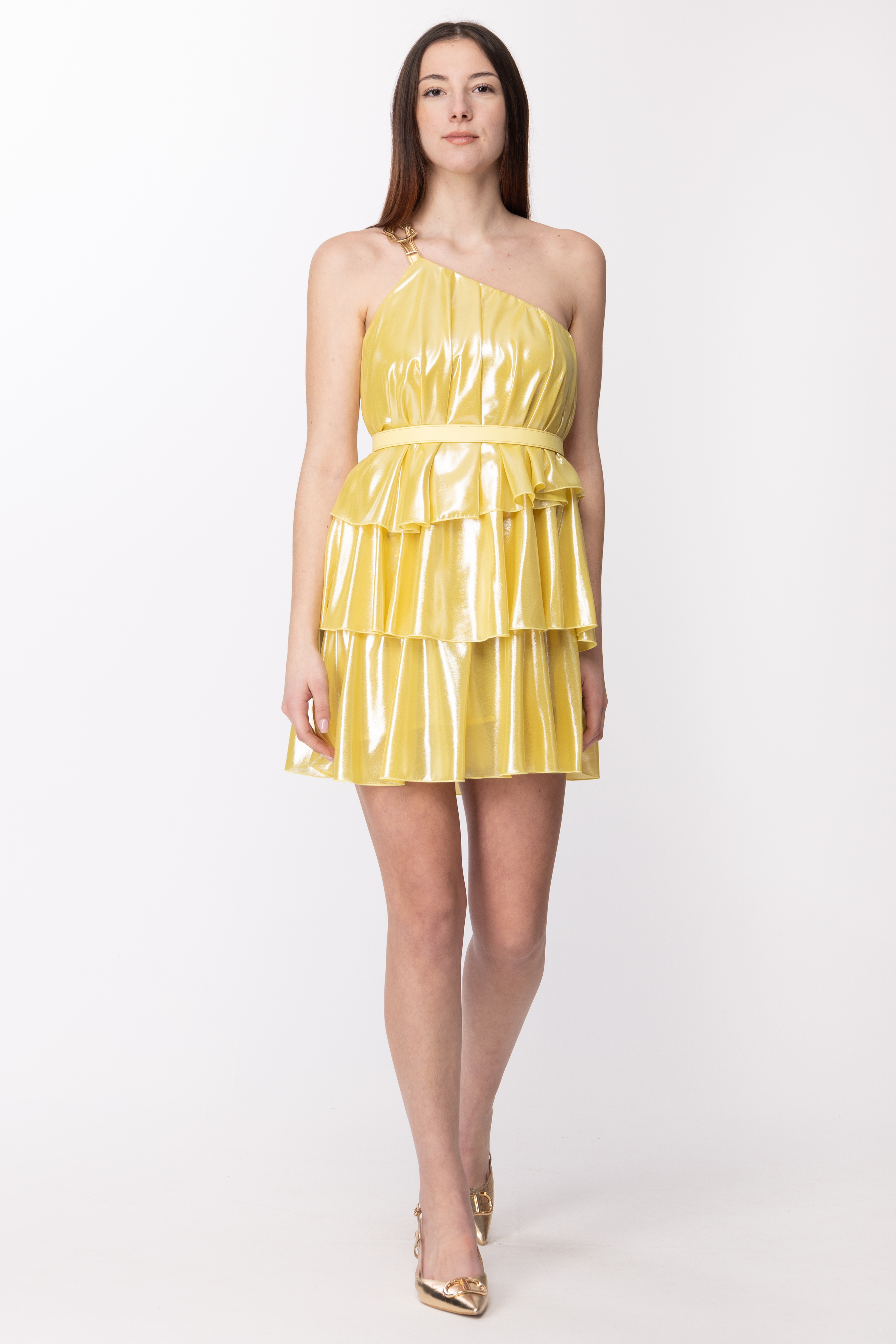 Vorschau: Simona Corsellini One-Shoulder-Kleid mit Volants und Gürtel Lime