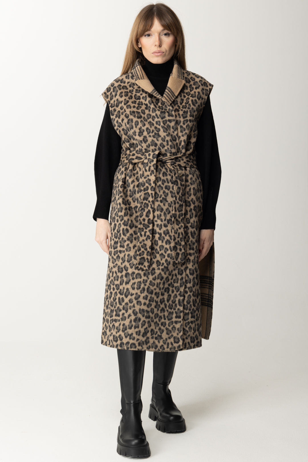 Preview: Twin-Set Long waistcoat with animal collar DOUBLE CHECK/ANIMALIER