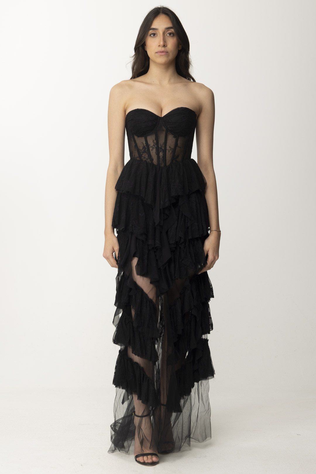 Podgląd: Aniye By Długa sukienka z koronkowymi falbankami Black