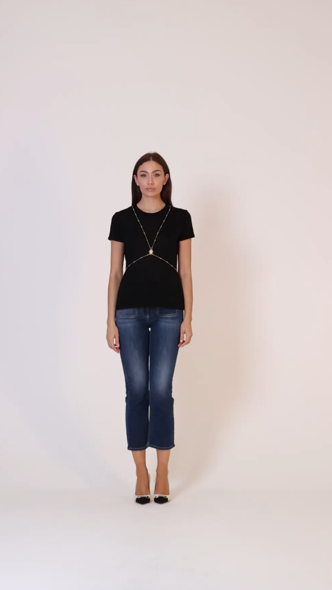 Preview: Elisabetta Franchi T-shirt with chain and bead applique Nero