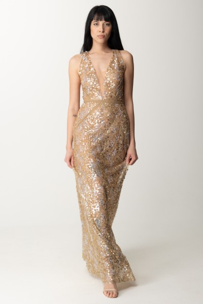 Elisabetta Franchi  Red Carpet Full Sequin Dress with Cutout Embroidery AB51541E2 ORO