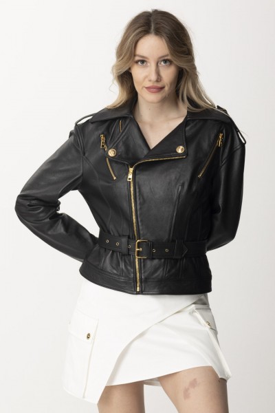 Elisabetta Franchi  Short Leather Biker Jacket with Belt GD36Z41E2 NERO