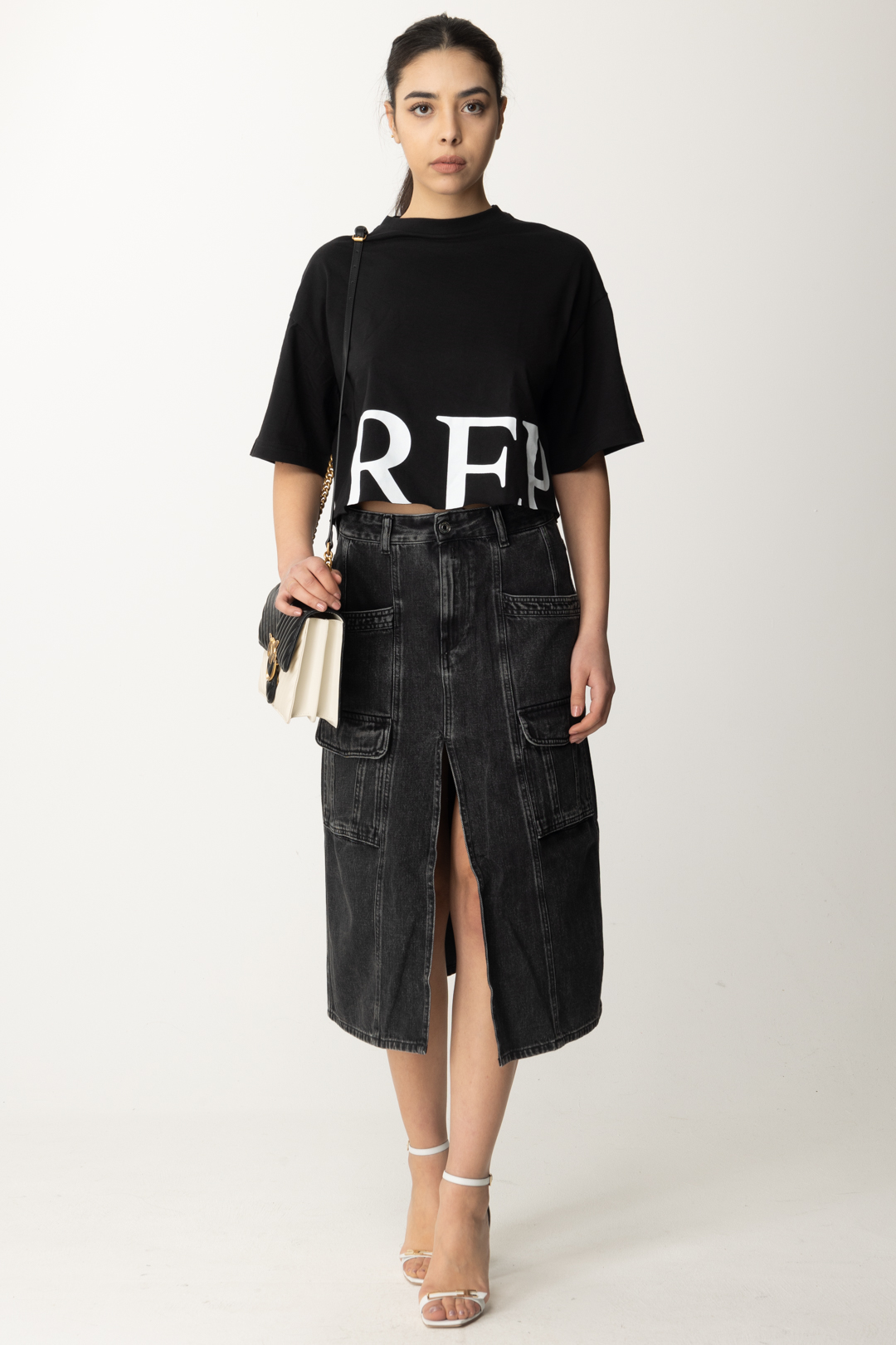 Preview: Replay Denim midi skirt with pockets Black