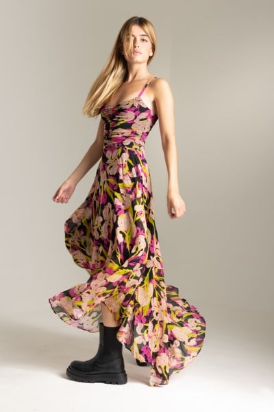 Pinko  Długa sukienka z nadrukiem irysów 101822 A154 MULT.NERO/FUXIA