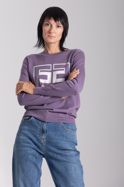 Elisabetta Franchi  Wełniany sweter z logo MK67B36E2 CANDY VIOLET/BURRO