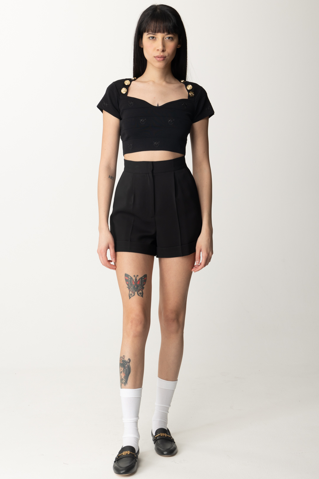 Preview: Pinko Crop Top with Buttons and Logo Pattern NERO LIMOUSINE