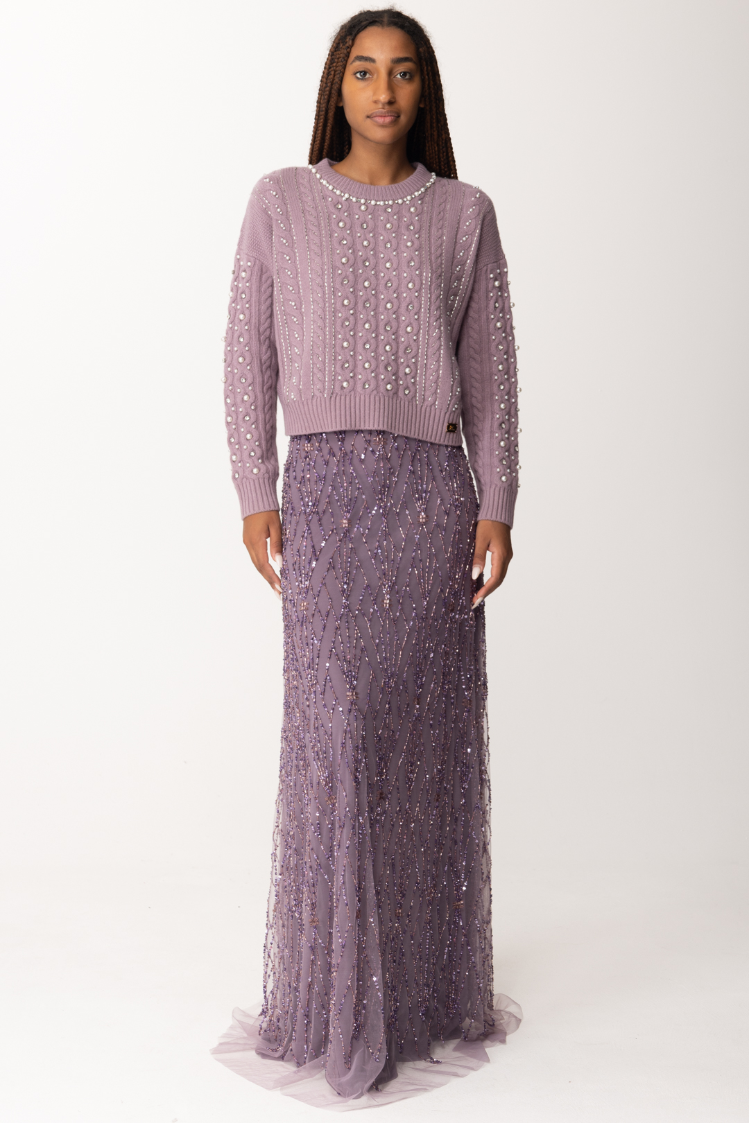 Podgląd: Elisabetta Franchi Wełniany sweter z haftem z pereł i kryształków CANDY VIOLET