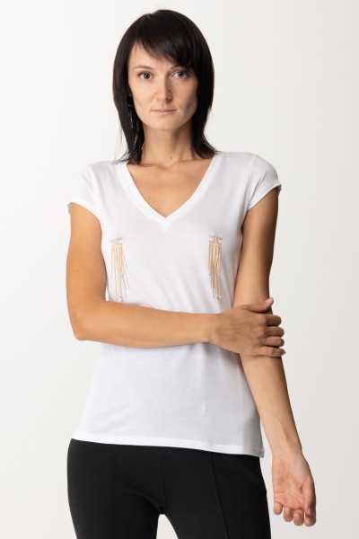 Elisabetta Franchi  Camiseta con detalle de flecos y logo. MA02336E2 GESSO