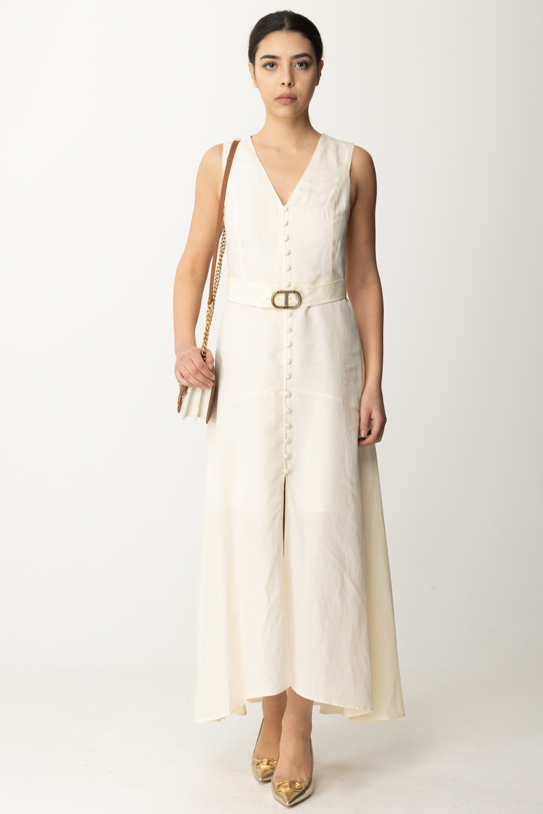 Podgląd: Twin-Set Długa sukienka z domieszką lnu Avorio