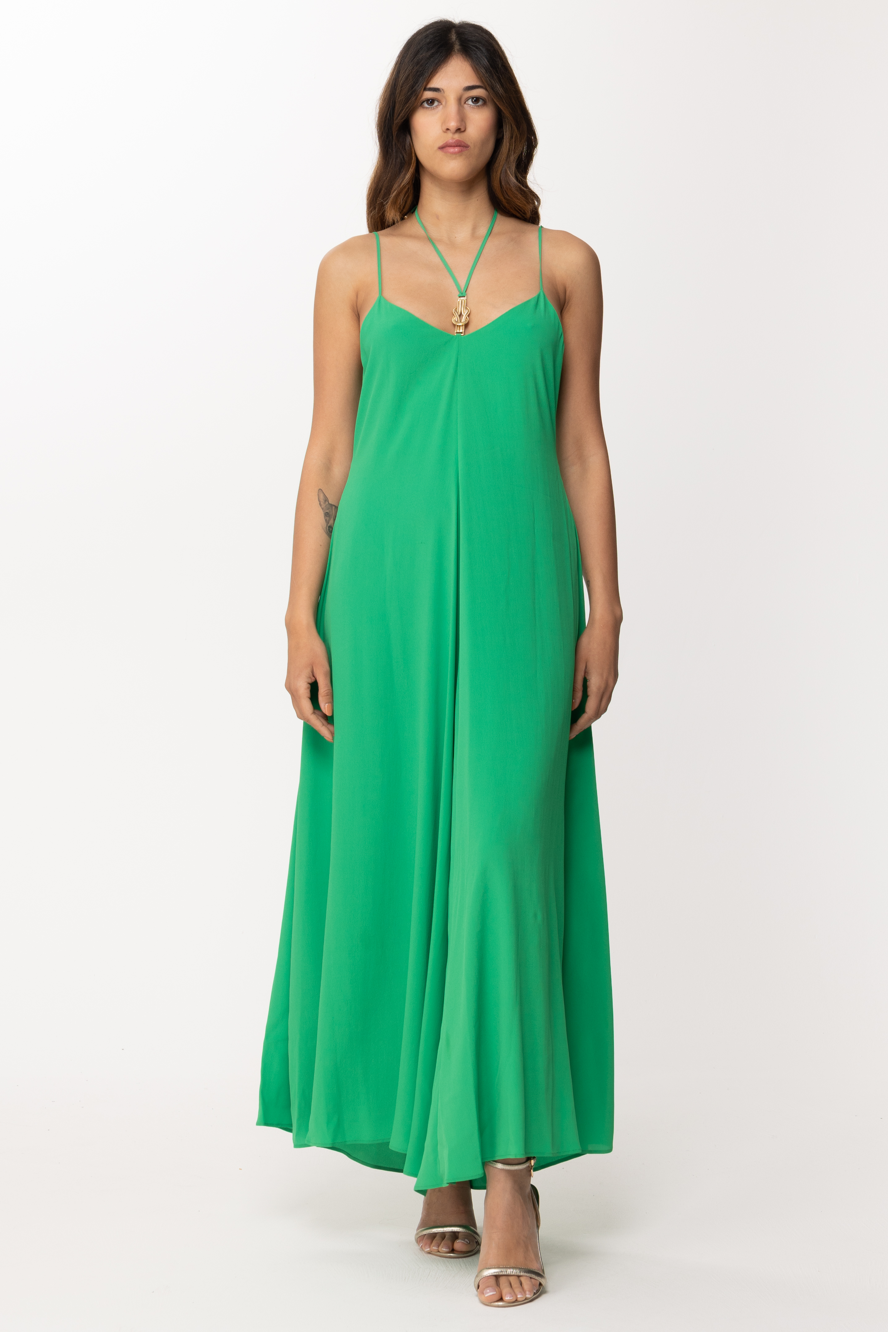 Preview: Simona Corsellini Long dress with gold knot accessory BRIGHT GREEN