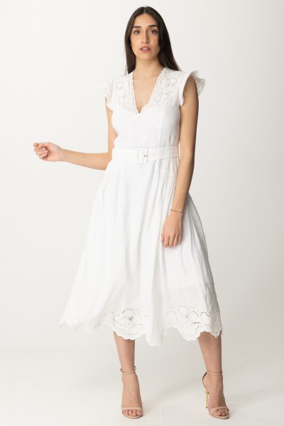 Twin-Set  Linen dress with belt and flower embroidery 241TT2330 BIANCO OTTICO