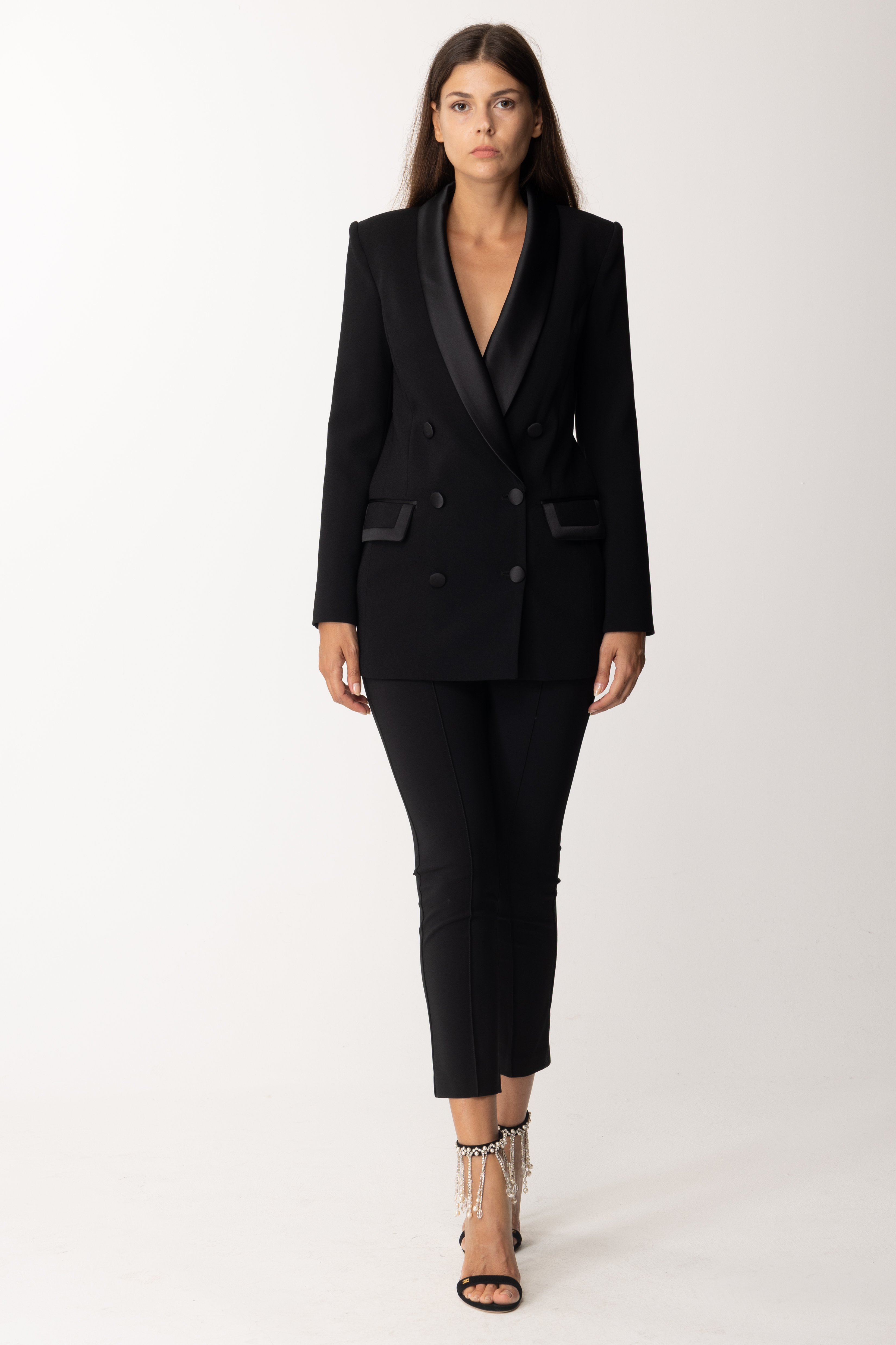 Preview: Elisabetta Franchi Double-Breasted Jacket with Satin Details Nero