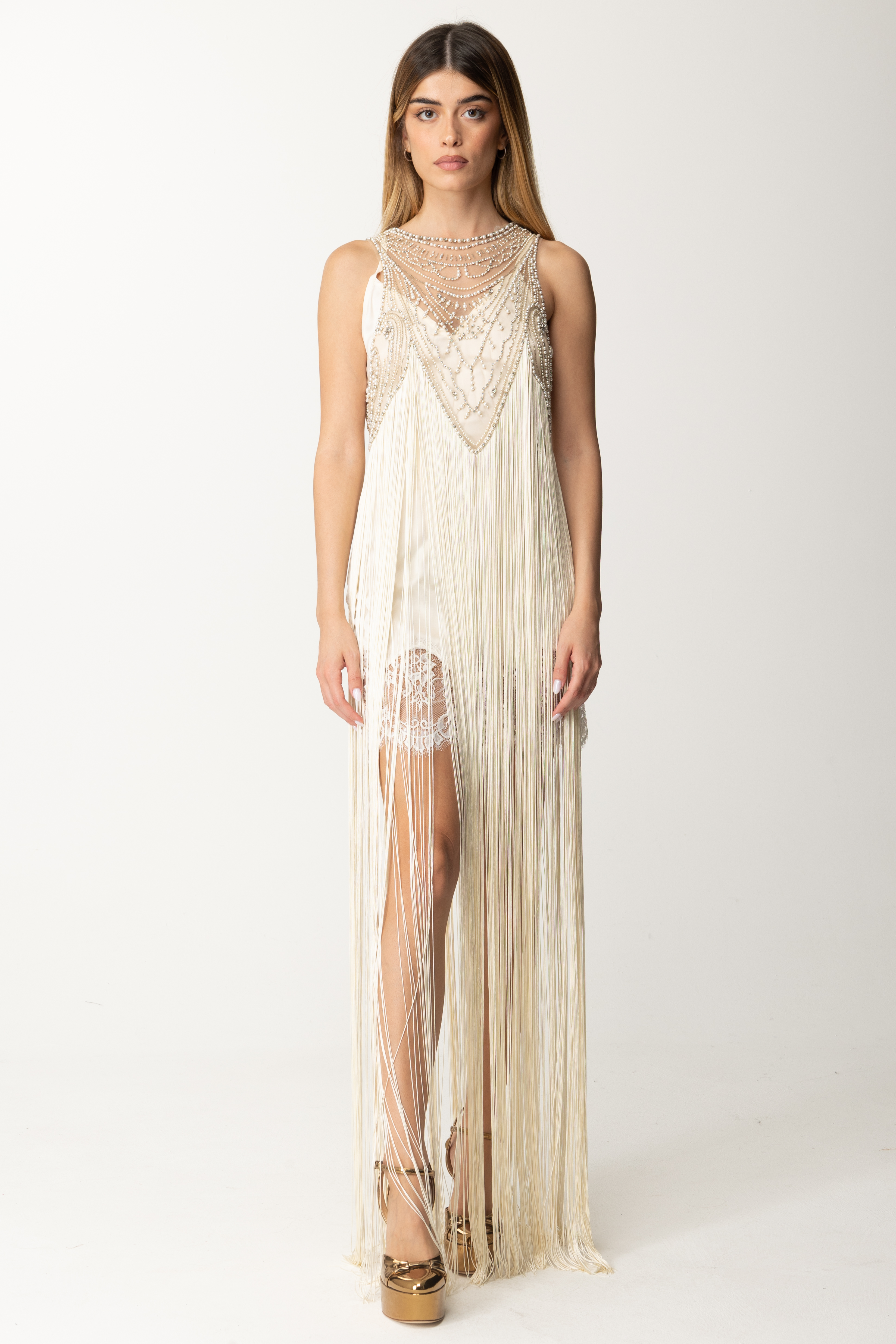 Preview: Elisabetta Franchi Red Carpet Dress with Slip and Fringes Burro