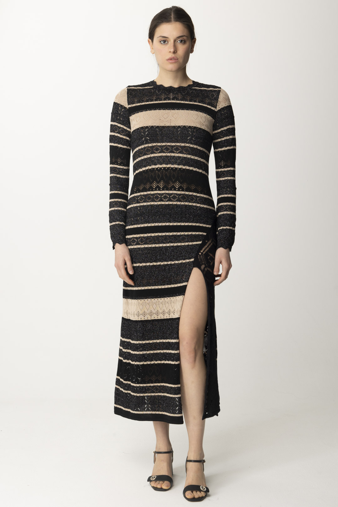 Preview: AKEP Striped knit long dress with slit Nero