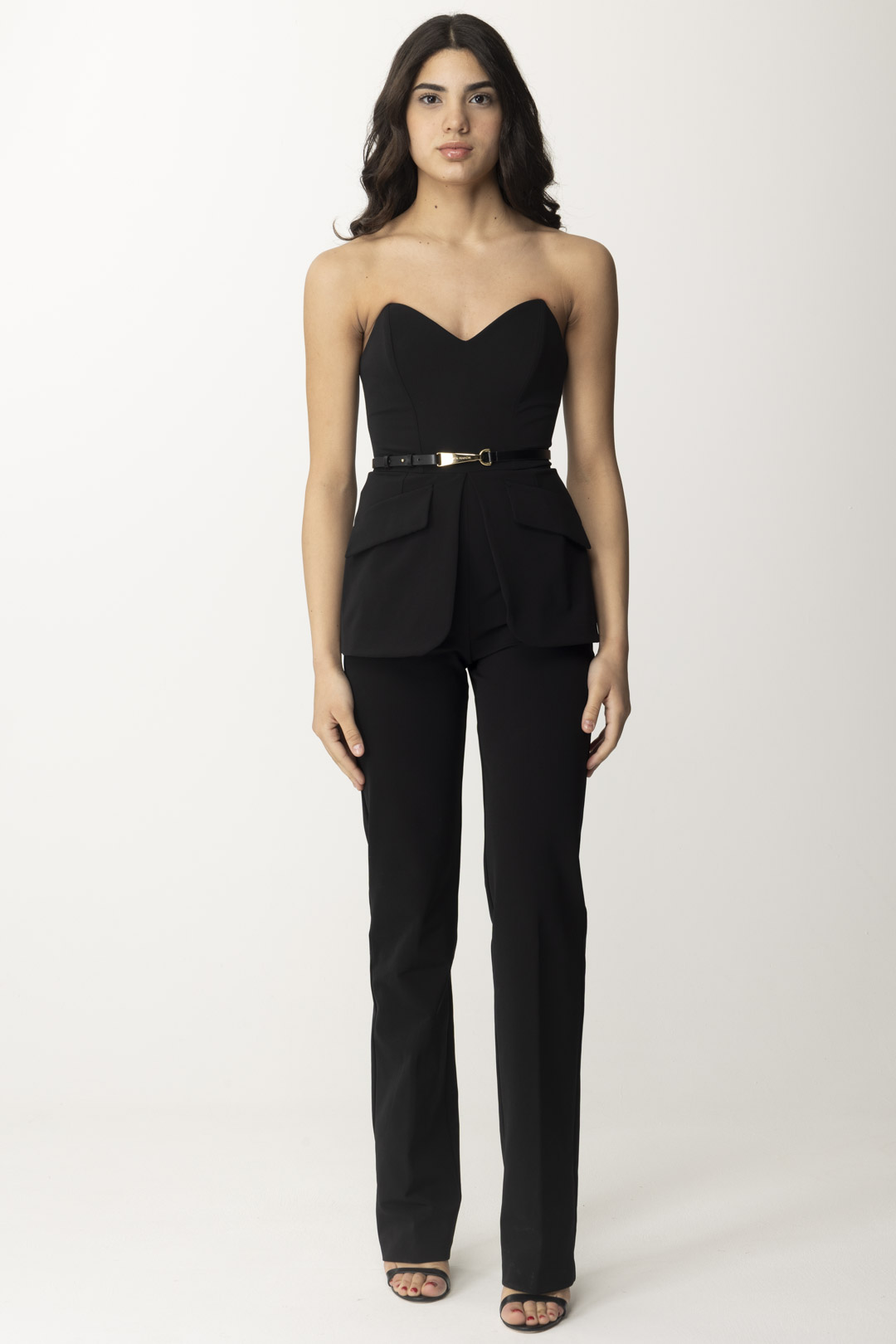 Preview: Elisabetta Franchi Long Jumpsuit with Bodice and Peplum Nero