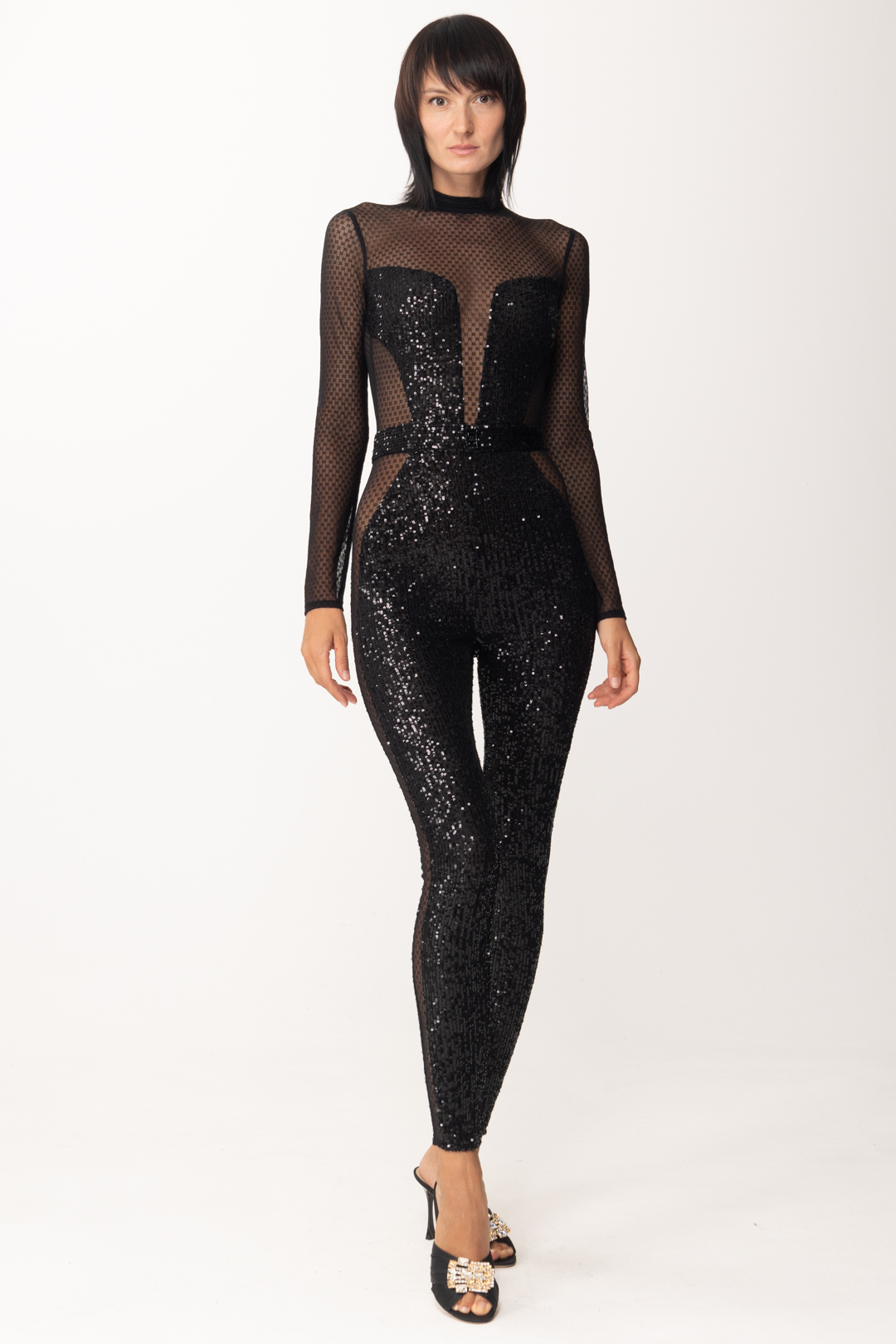 Preview: Elisabetta Franchi Tulle jumpsuit with sequin embroidery Nero