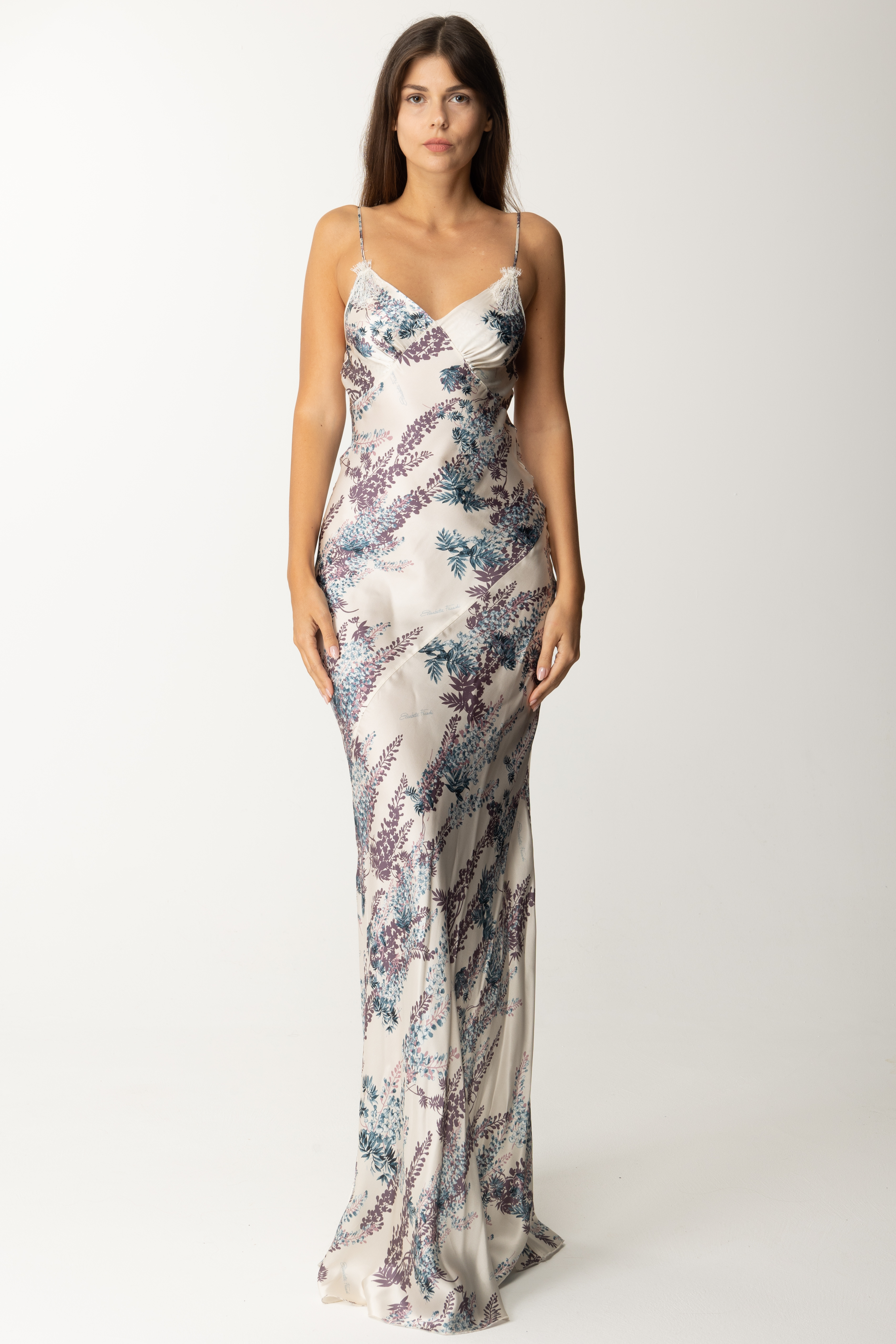 Preview: Elisabetta Franchi Dress in silk with floral print Burro