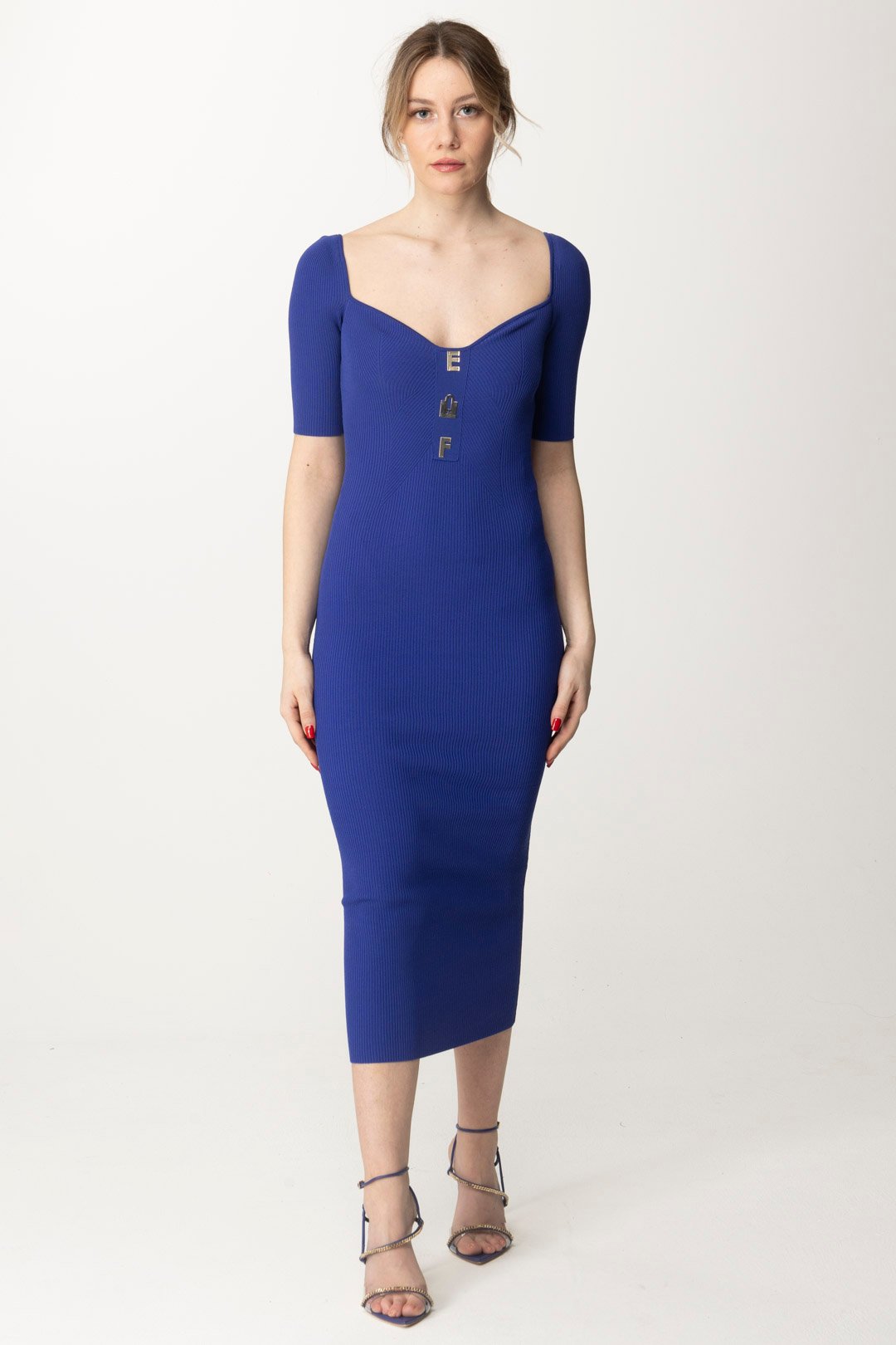 Preview: Elisabetta Franchi Midi Knit Dress with Logo Applications BLUE INDACO