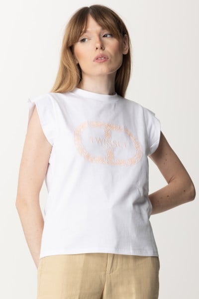 Twin-Set  T-shirt avec logo brodé et mancherons 241TP2213 OTTICO/CUPCAKE PINK