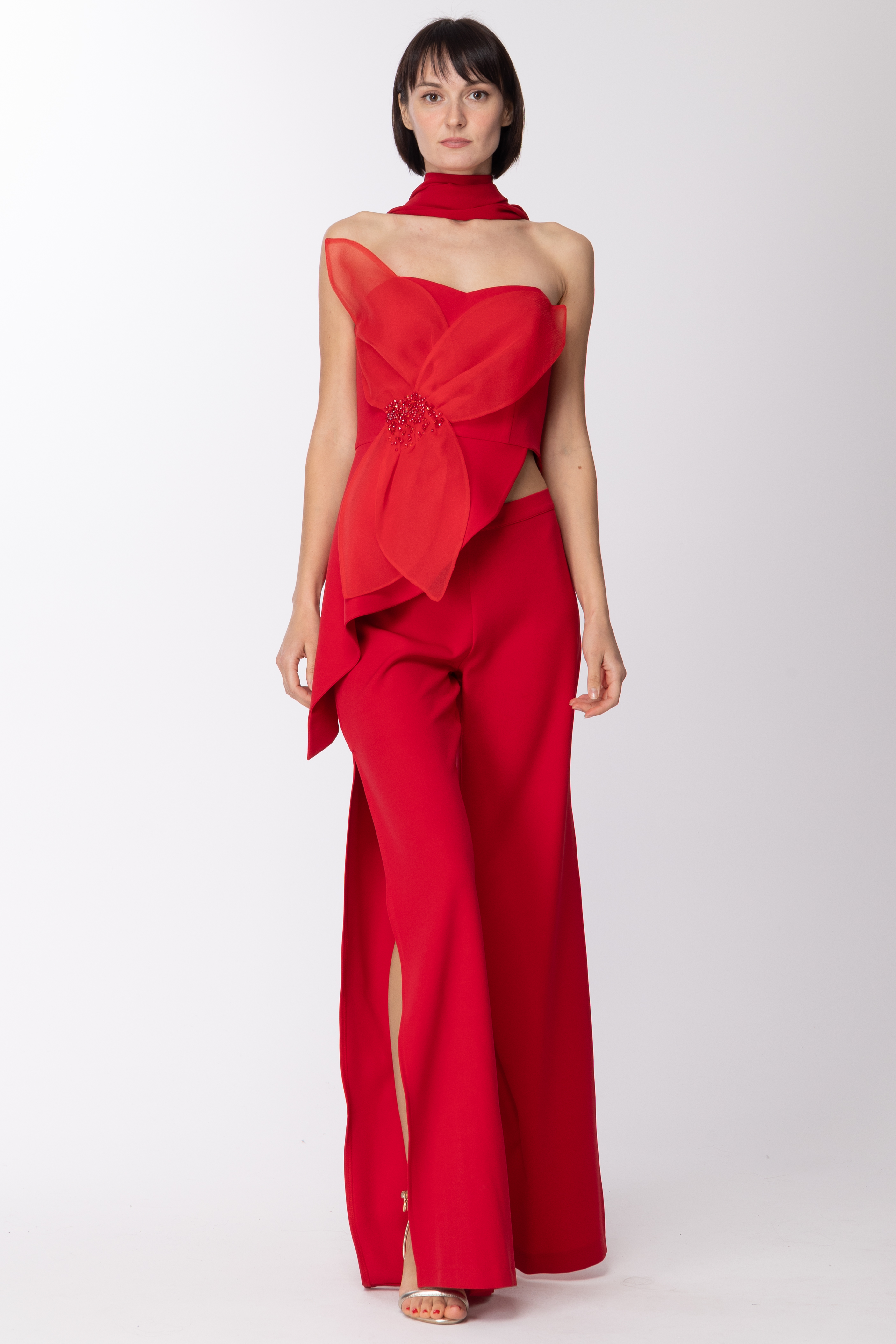 Anteprima: Fabiana Ferri Completo top bustier + pantaloni con spacchi Rosso