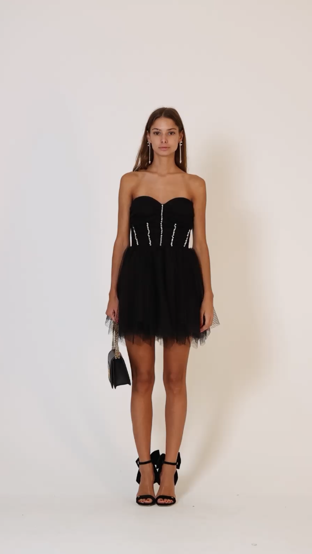 Preview: Elisabetta Franchi Tulle short jumpsuit with pearls Nero