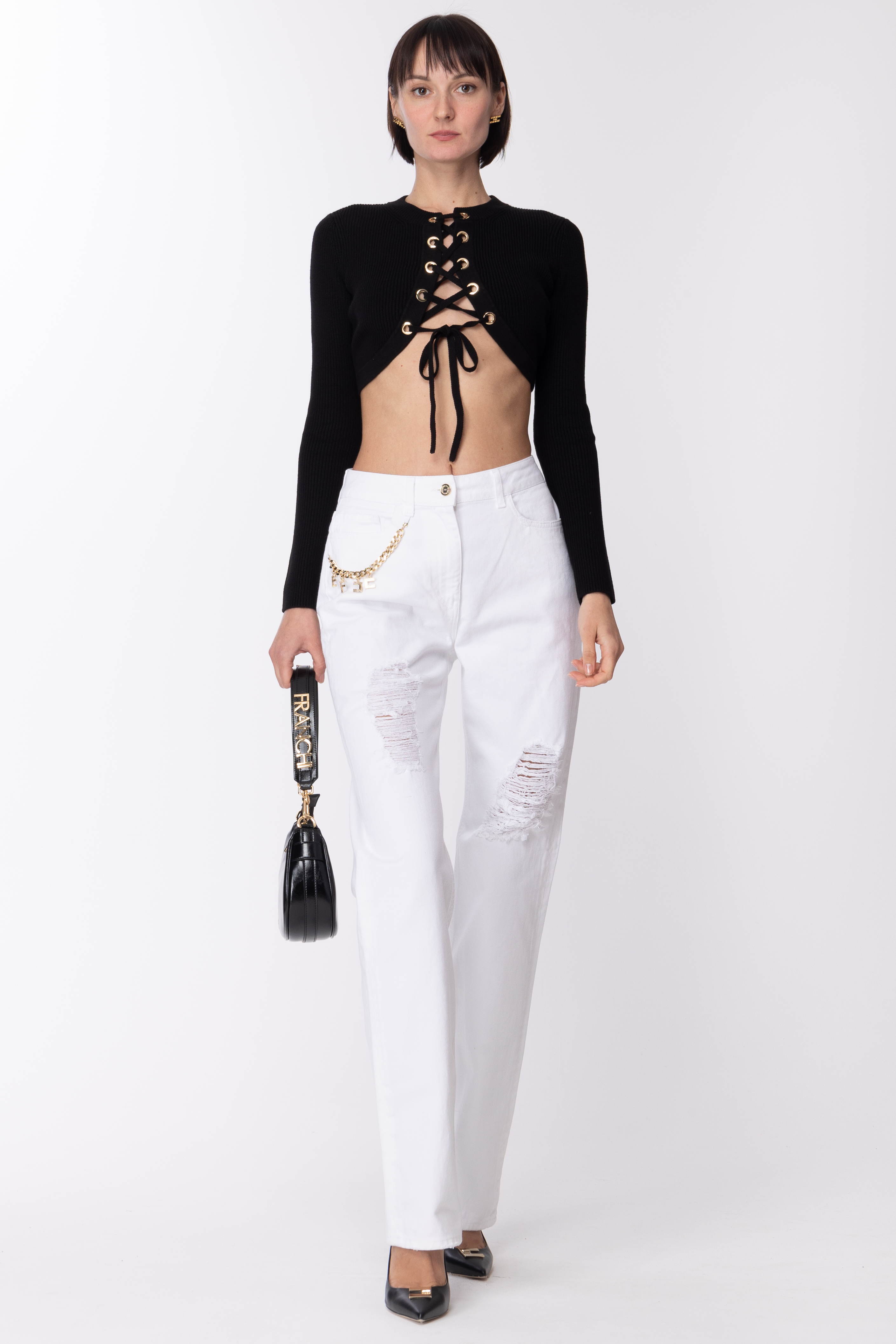 Preview: Elisabetta Franchi Jeans with rips and chain Avorio