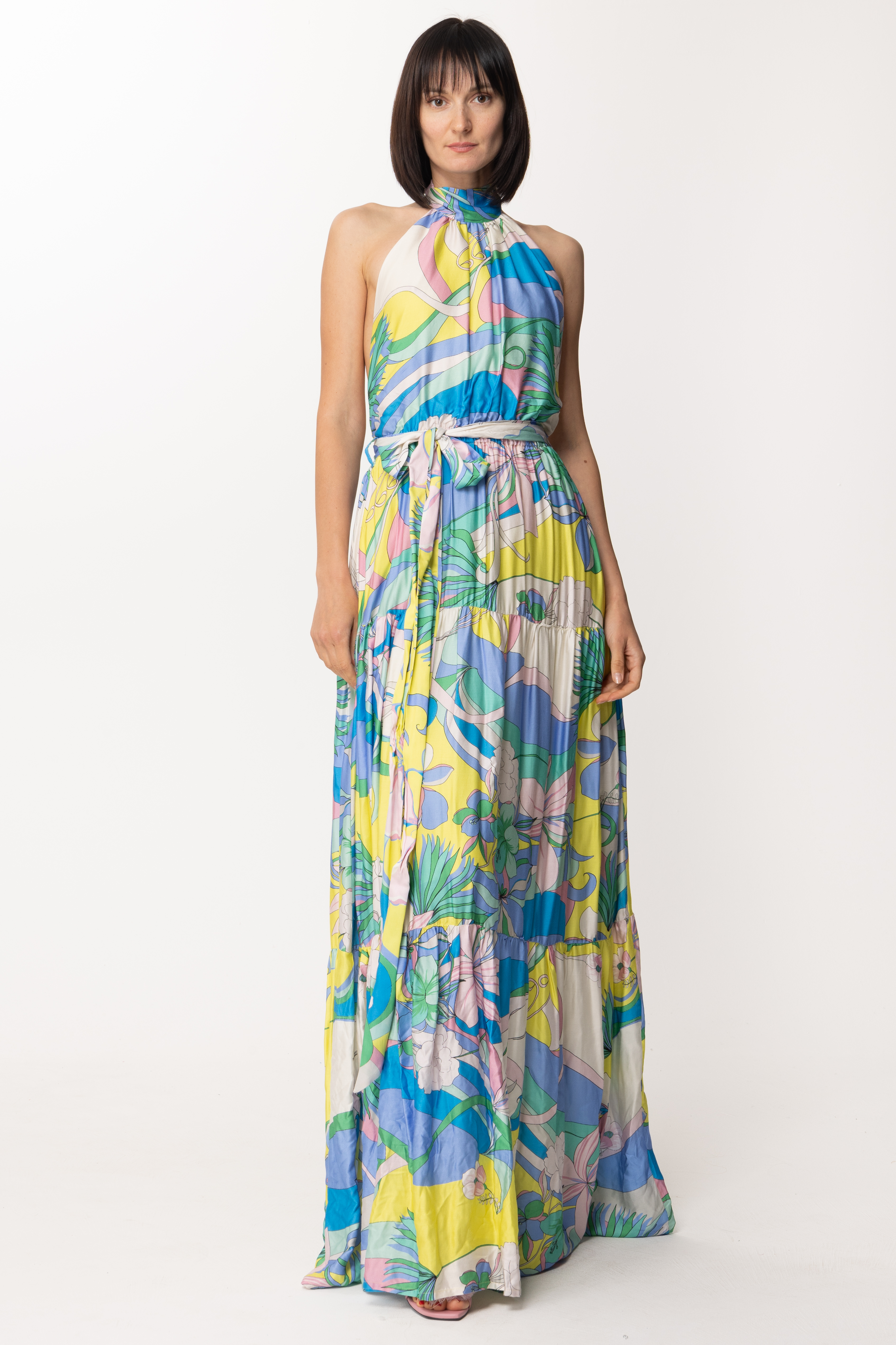Preview: Dramèe Long dress with iris print and belt STAMPA IRIS