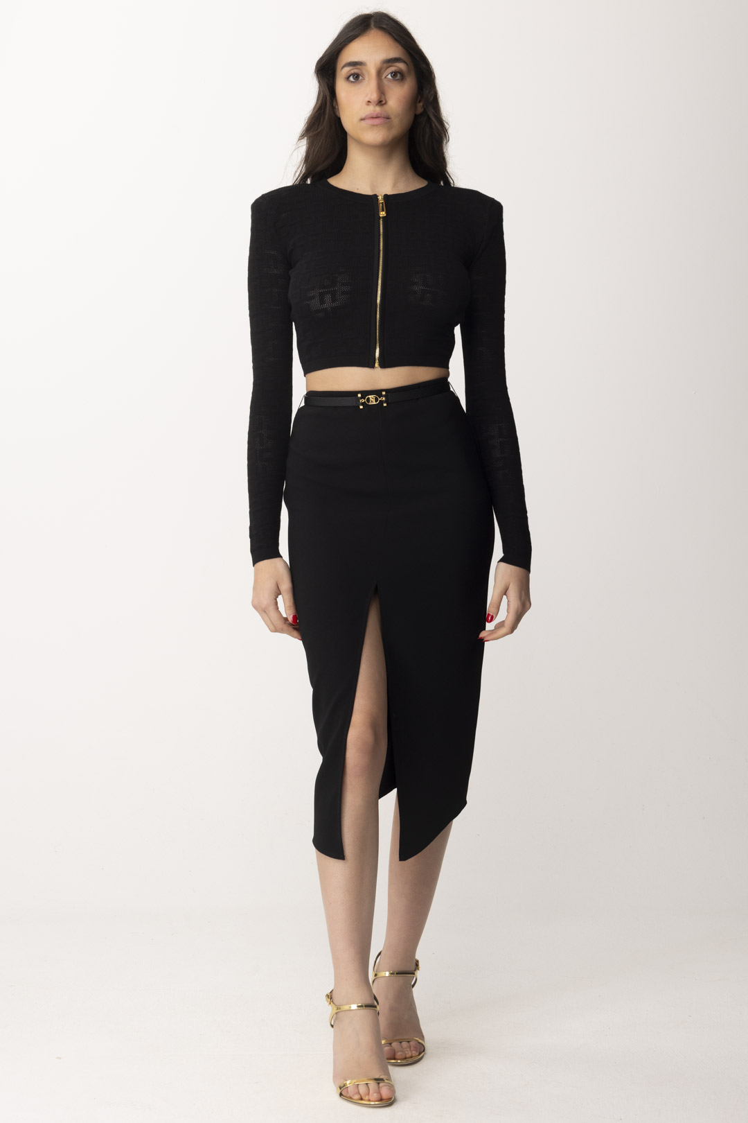 Preview: Elisabetta Franchi Midi Skirt with Slit and Belt Nero