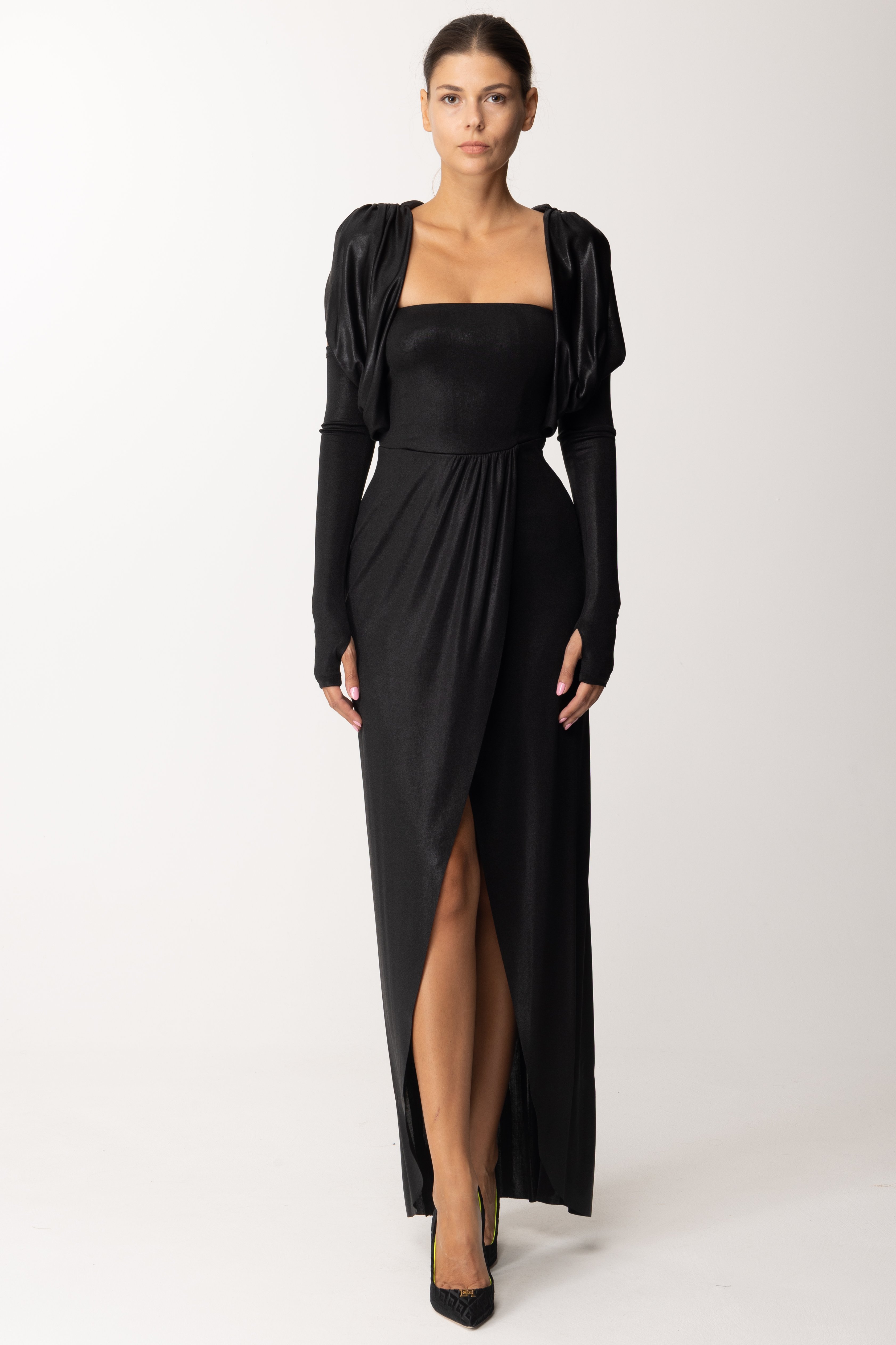 Preview: Dramèe Long Dress with Draped Sleeves and Inserts Nero