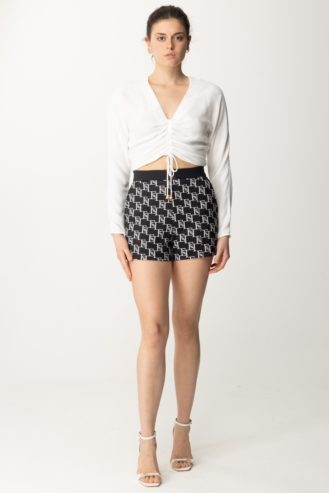 Preview: Elisabetta Franchi Printed shorts with logo at the waist Nero/Burro