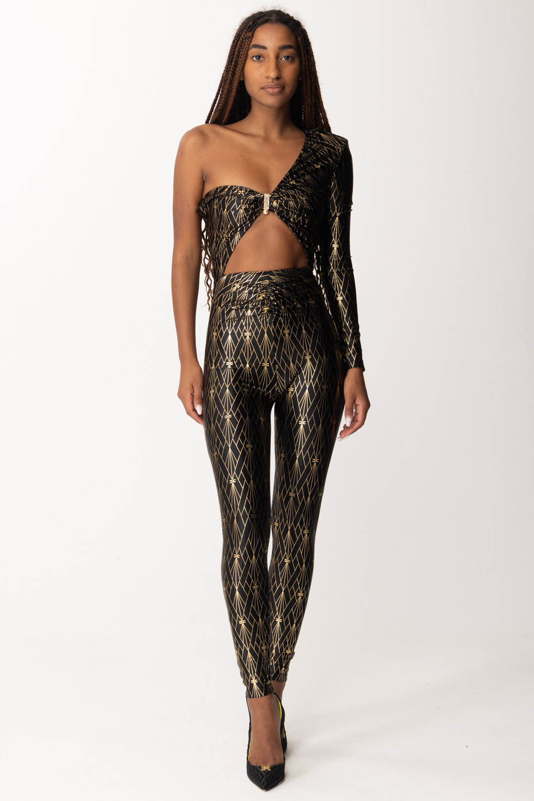 Preview: Elisabetta Franchi One-shoulder suit with laminated print Nero