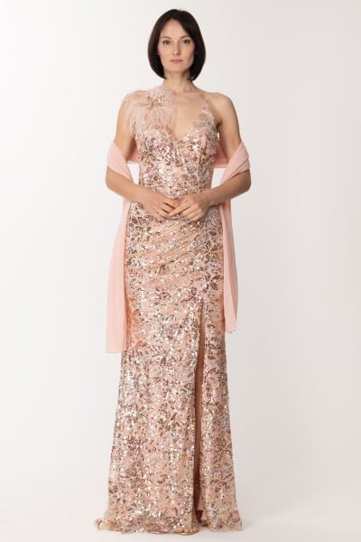 Fabiana Ferri  Long dress with sequins and feather accessory 30854 ROSA