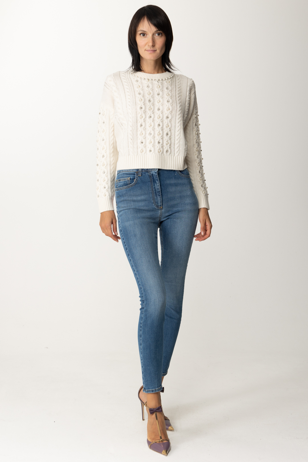 Preview: Elisabetta Franchi Wool sweater with pearls embroidery Burro