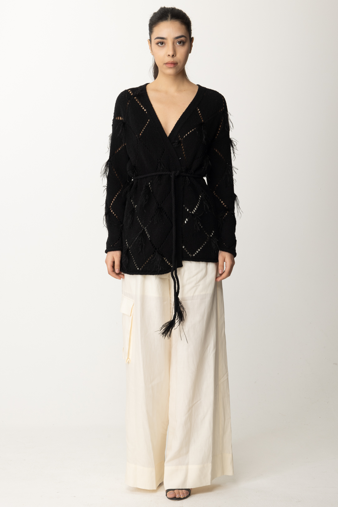 Preview: Twin-Set Diamond-patterned cardigan with feathers Nero