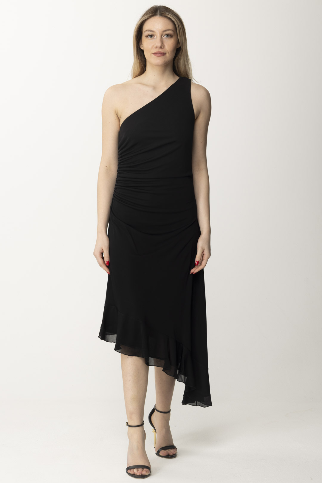 Preview: Twin-Set One-shoulder midi dress with drapes Nero